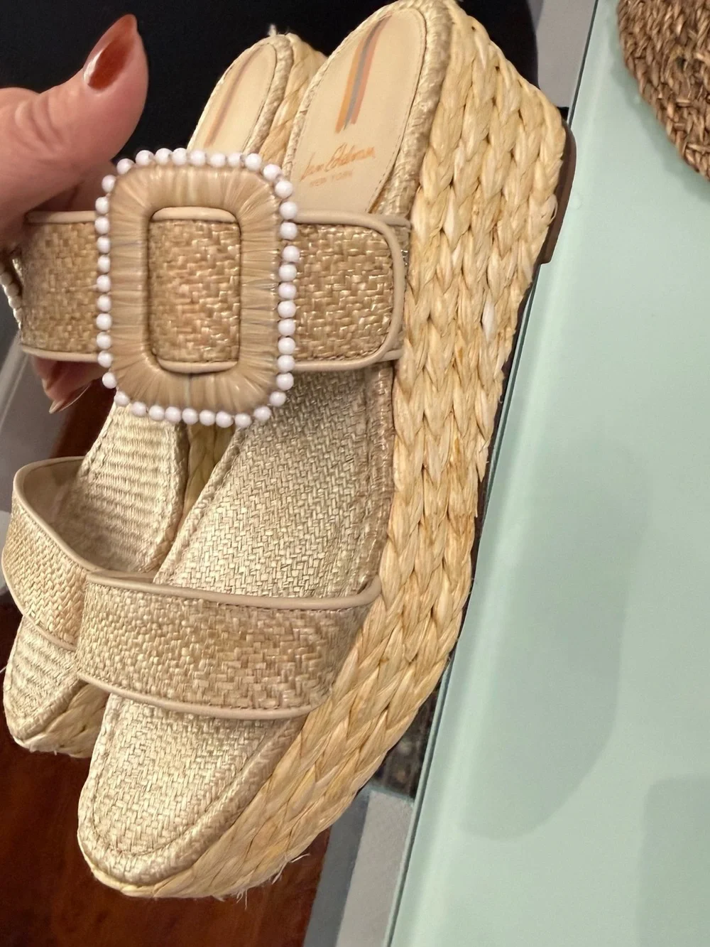 Sam Edelman Natural Raffia Buckle Slide Sandals - Beige